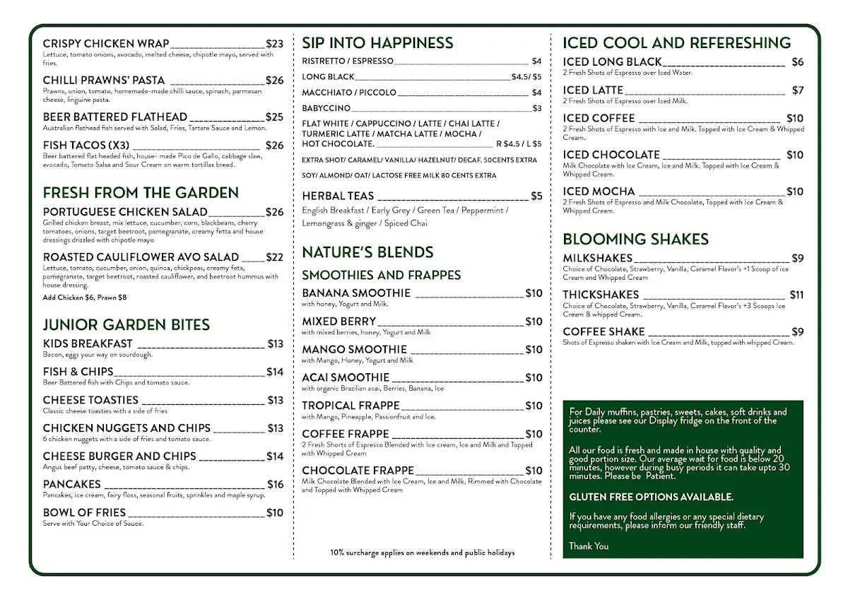 Menu, Bud cafe