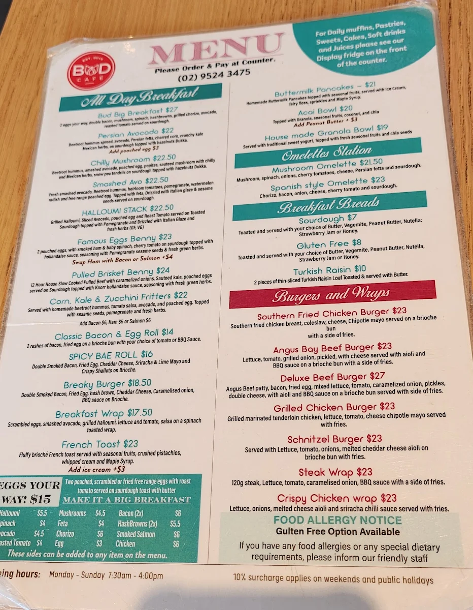 Menu, Bud cafe