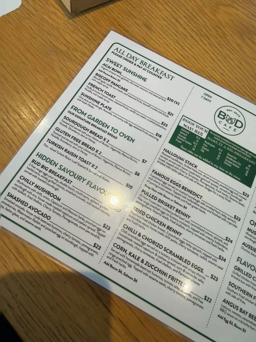 Menu, Bud cafe