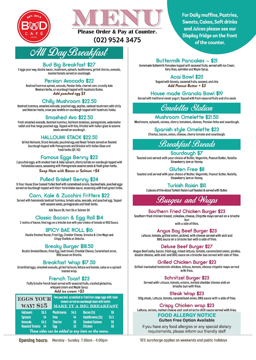 Menu, Bud cafe