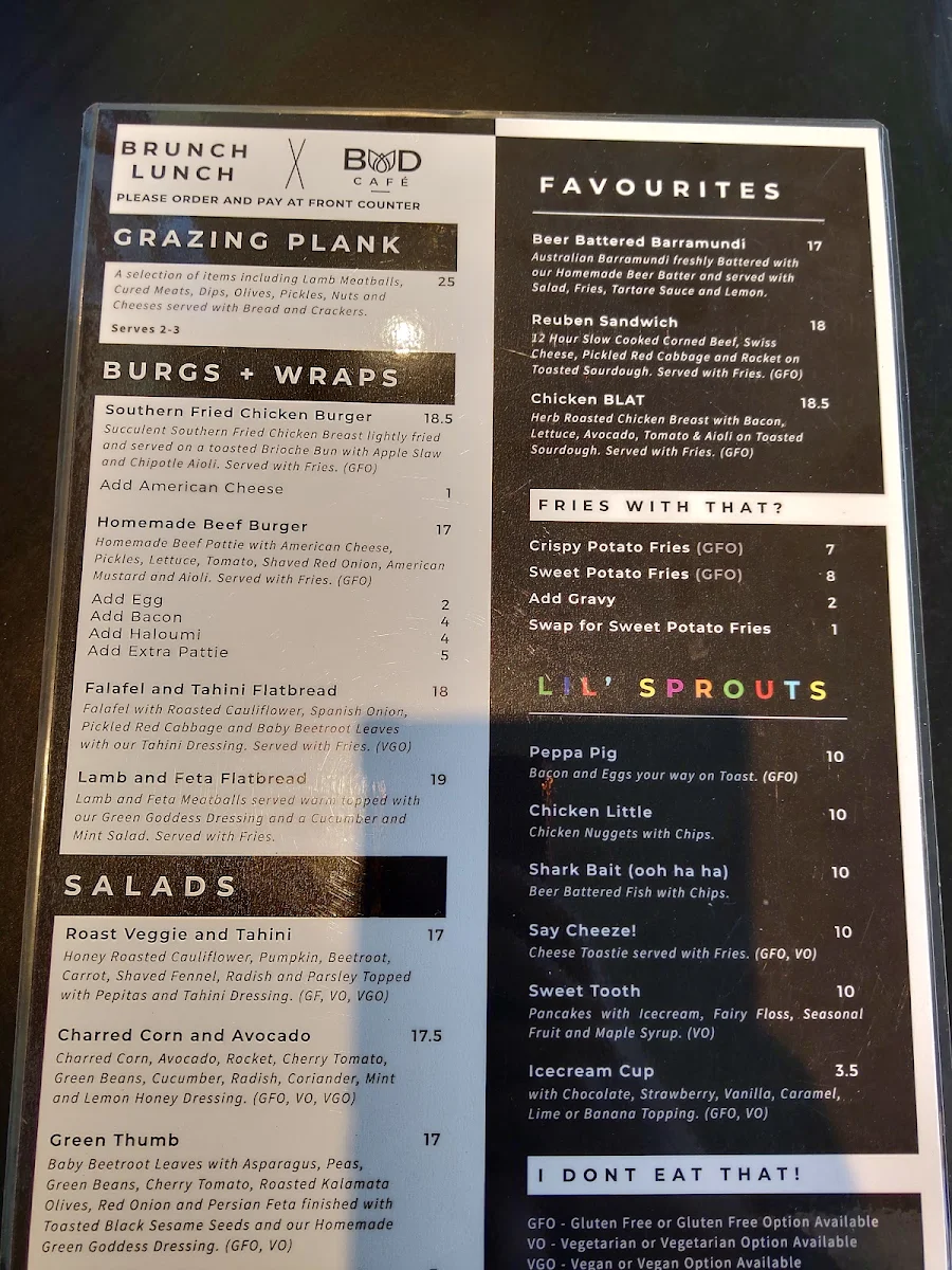 Menu, Bud cafe