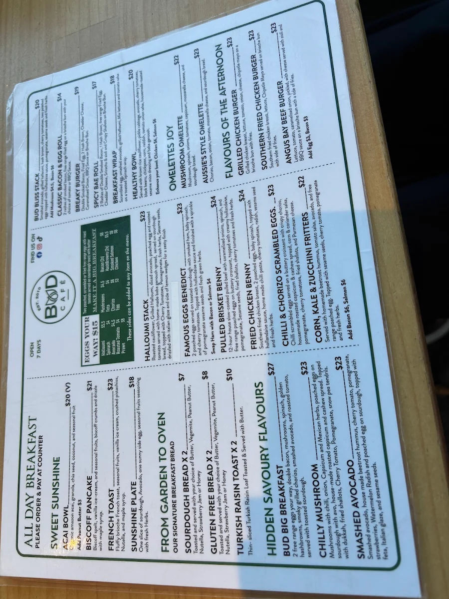 Menu, Bud cafe