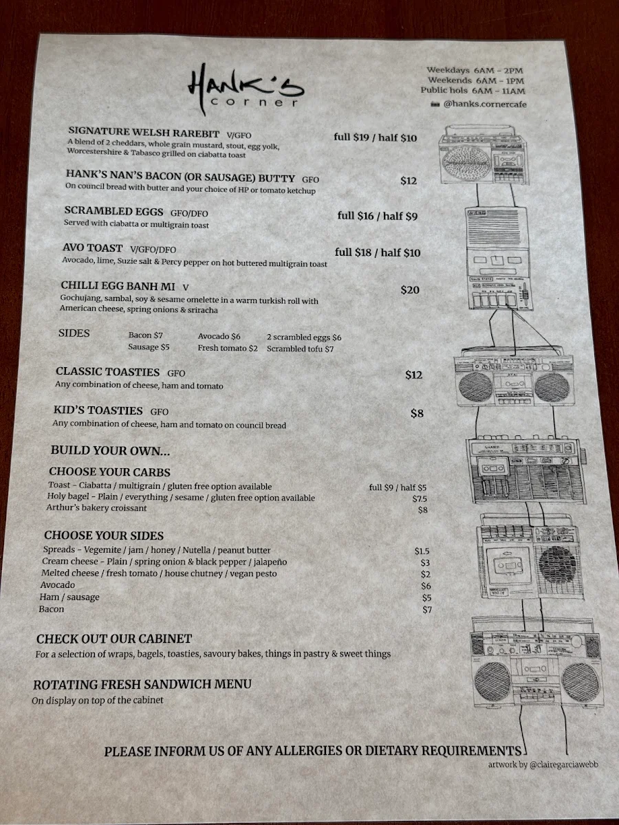 Menu, Hank's Corner