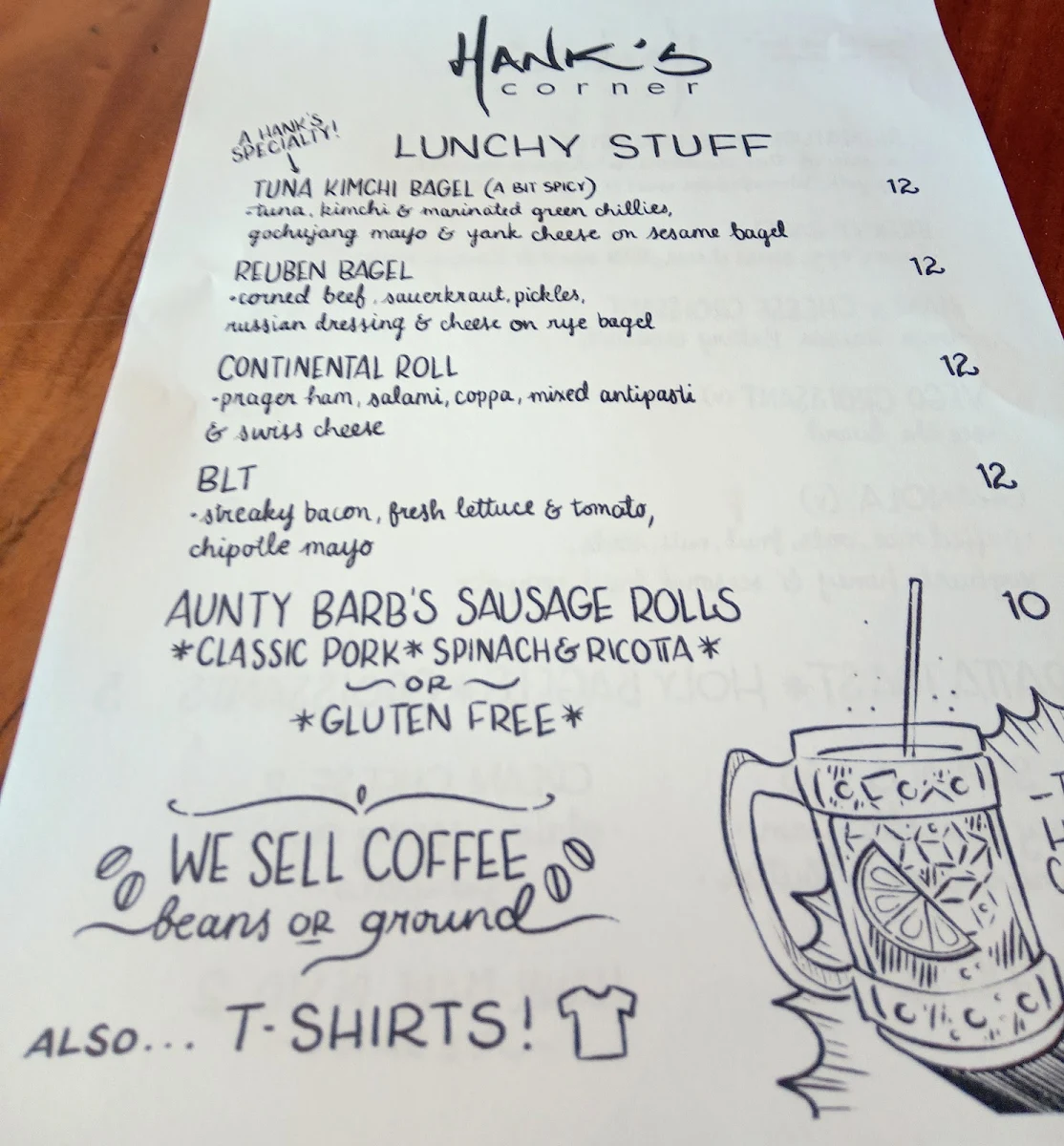 Menu, Hank's Corner
