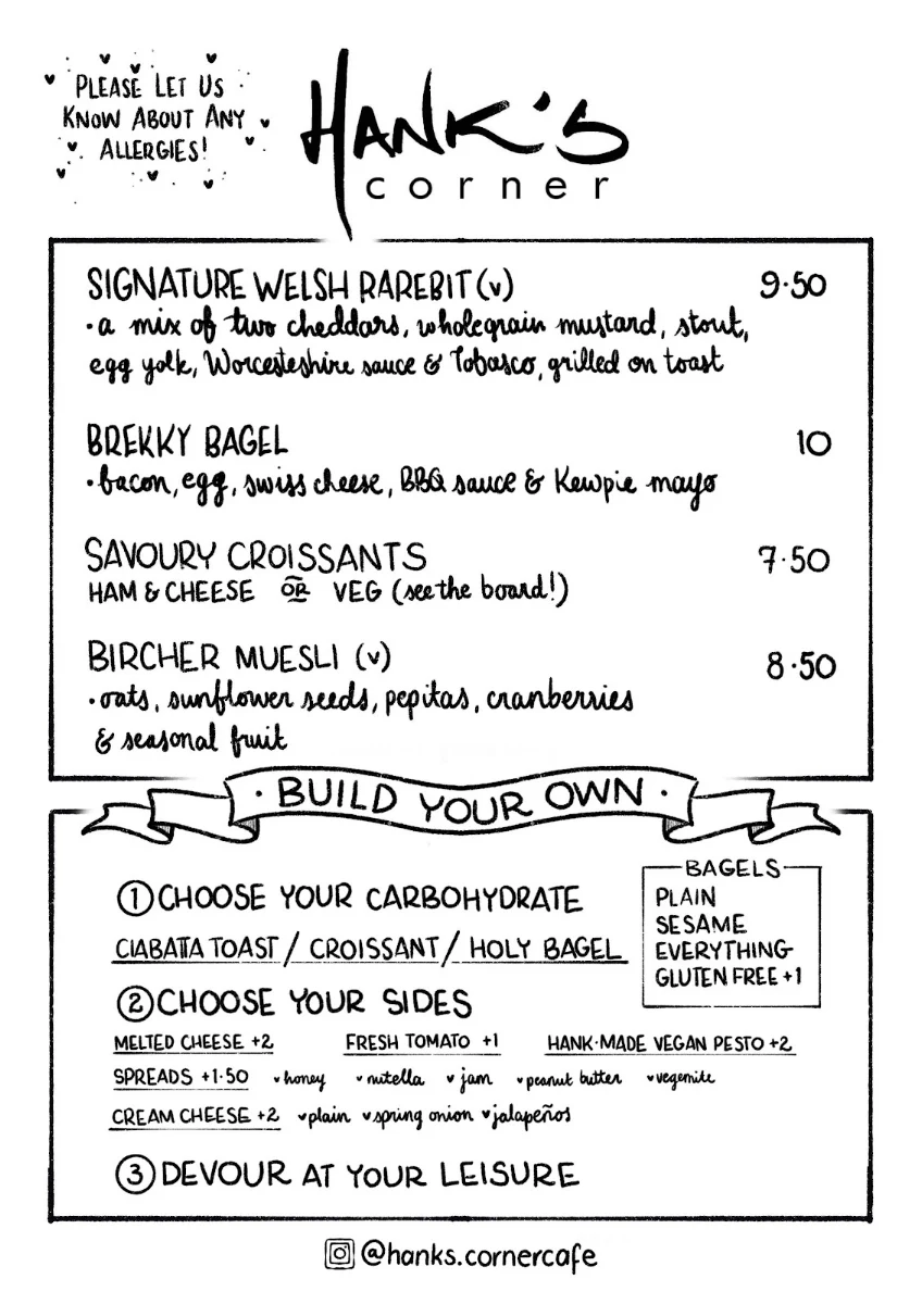 Menu, Hank's Corner