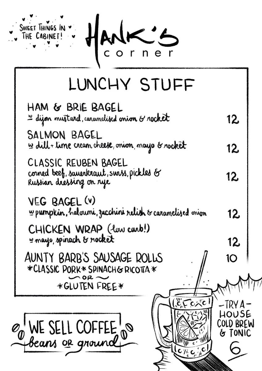 Menu, Hank's Corner