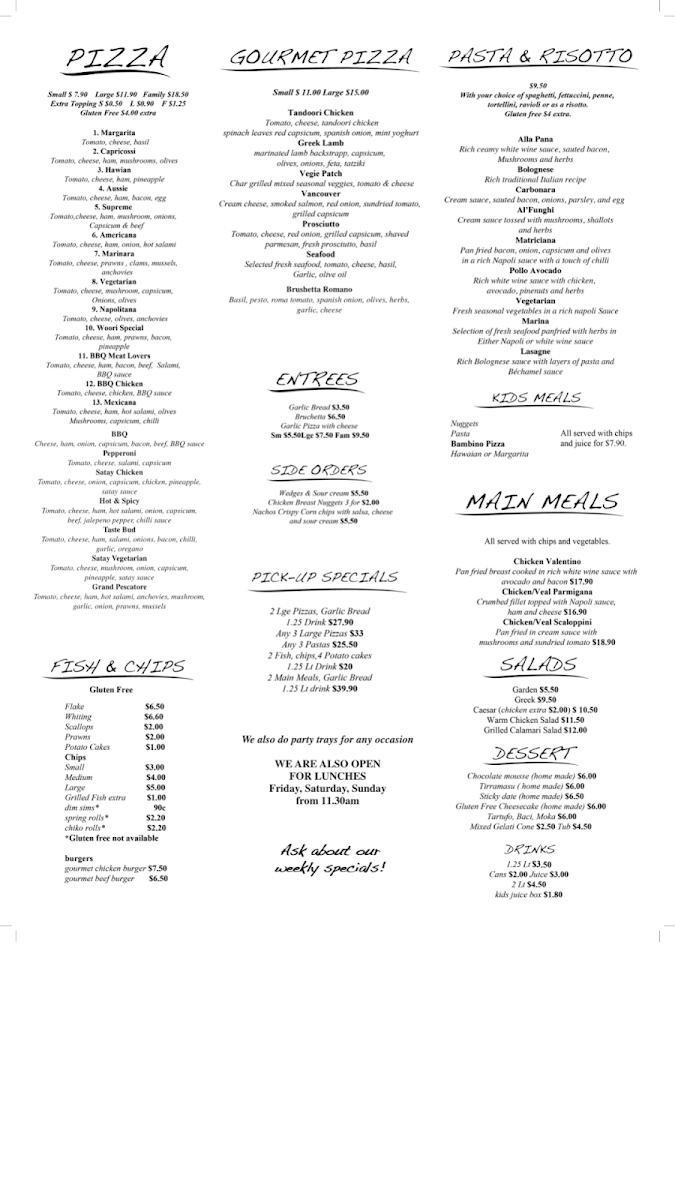 Menu, Wooris Pizza Cafe