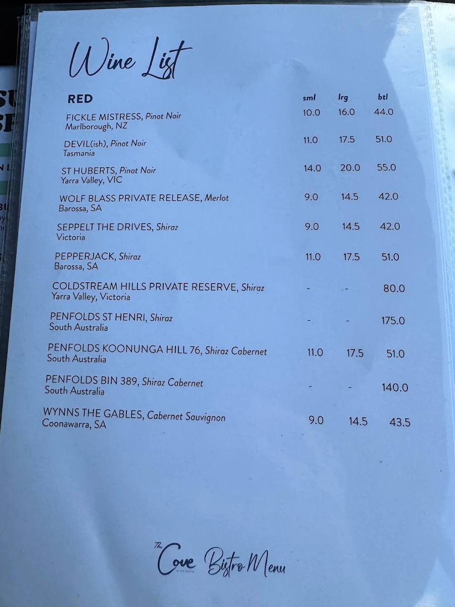 Menu, The Cove Hotel