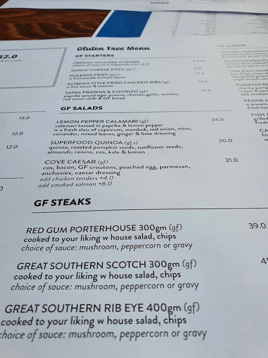 Menu, The Cove Hotel