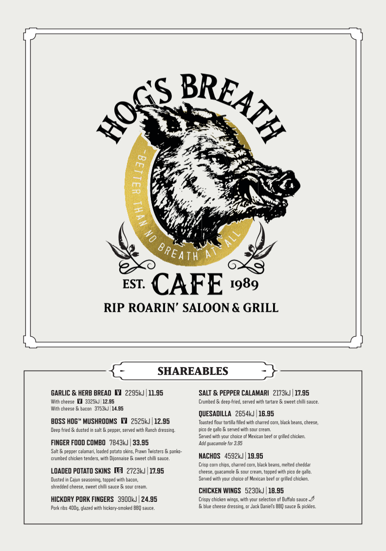 Menu, Hog's Breath Cafe Launceston