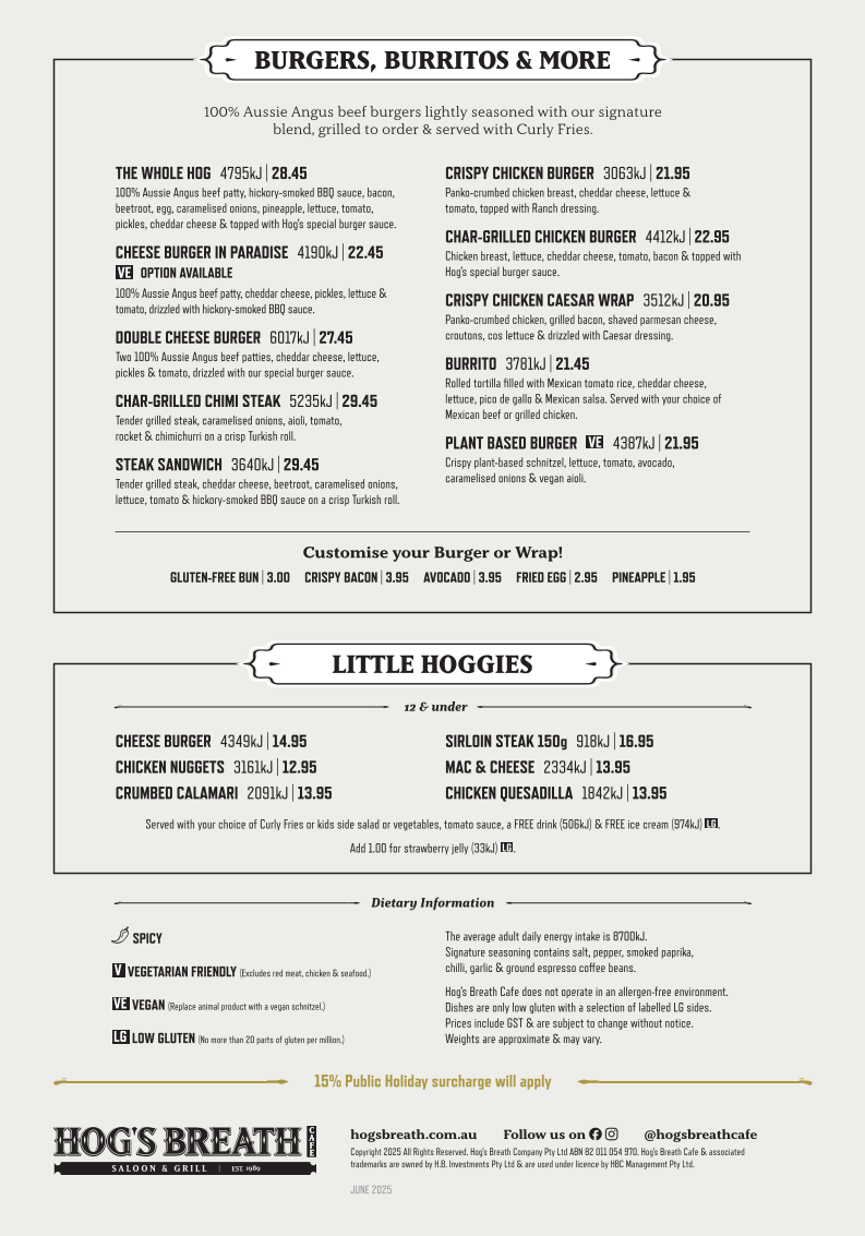 Menu, Hog's Breath Cafe Launceston