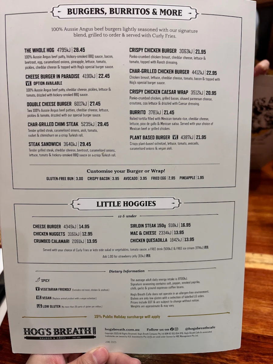 Menu, Hog's Breath Cafe Launceston
