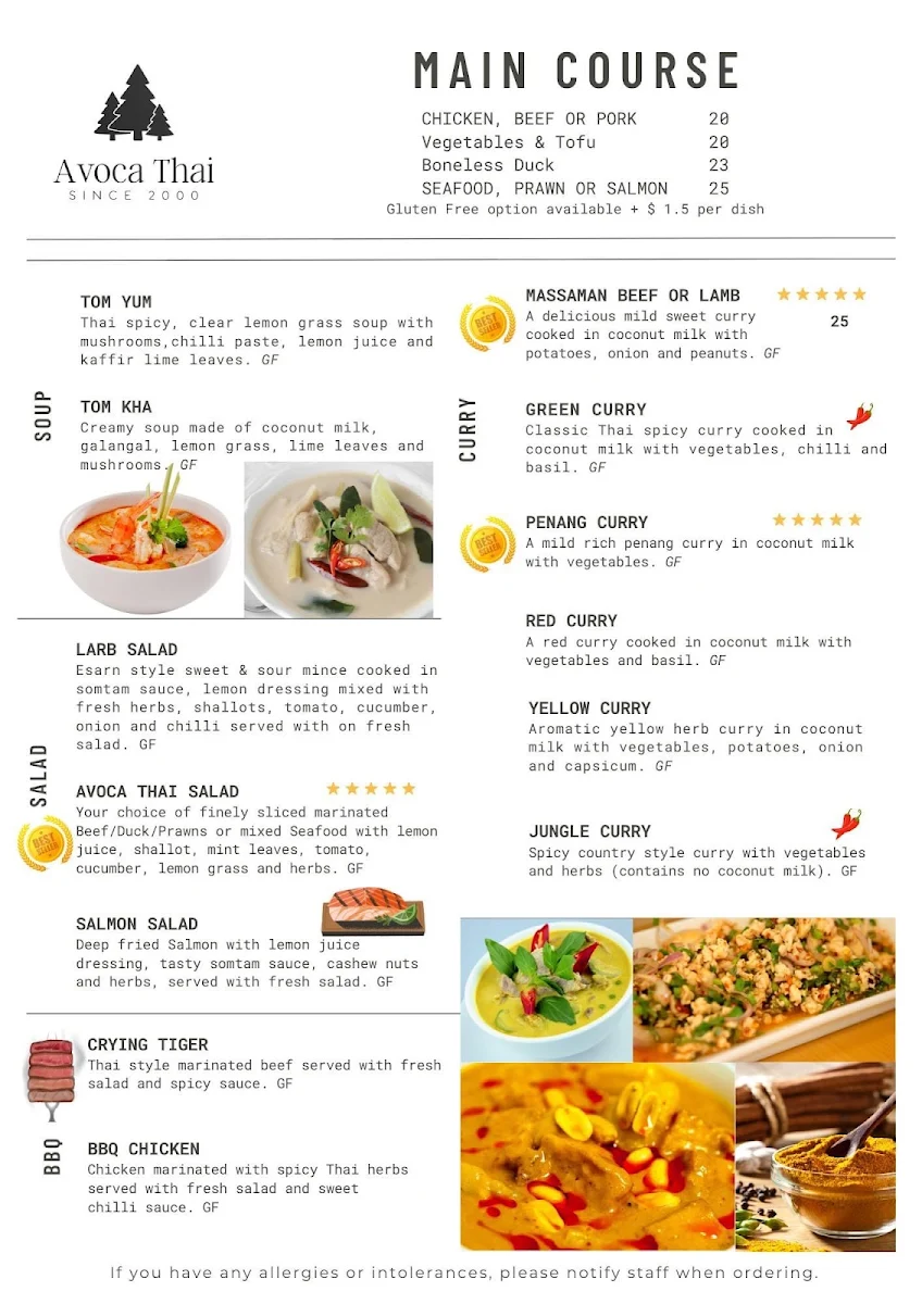 Menu, Avoca Thai