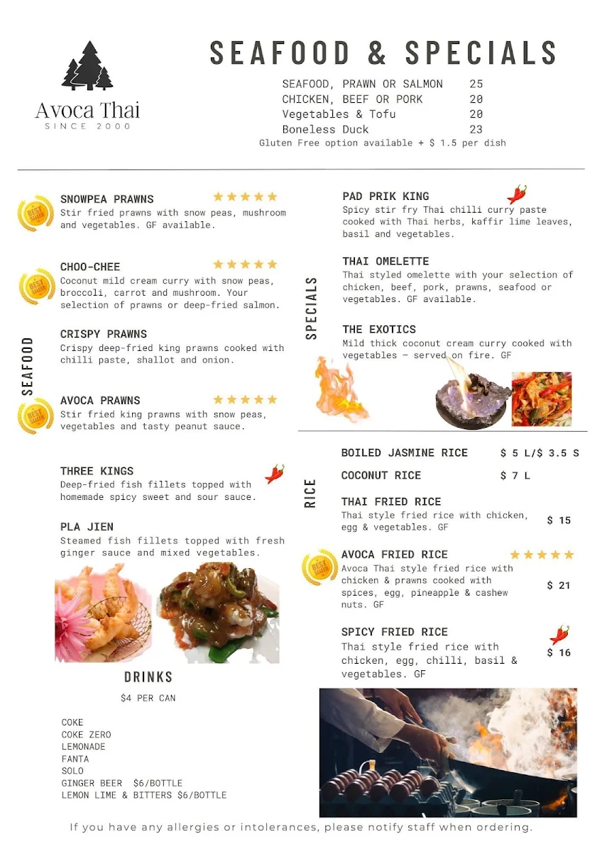 Menu, Avoca Thai