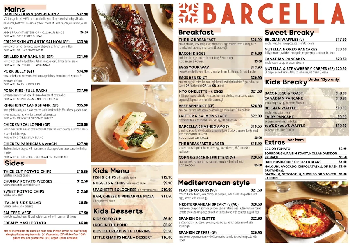 Menu, Barcella Restaurant