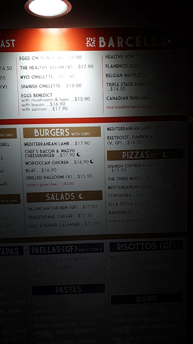 Menu, Barcella Restaurant