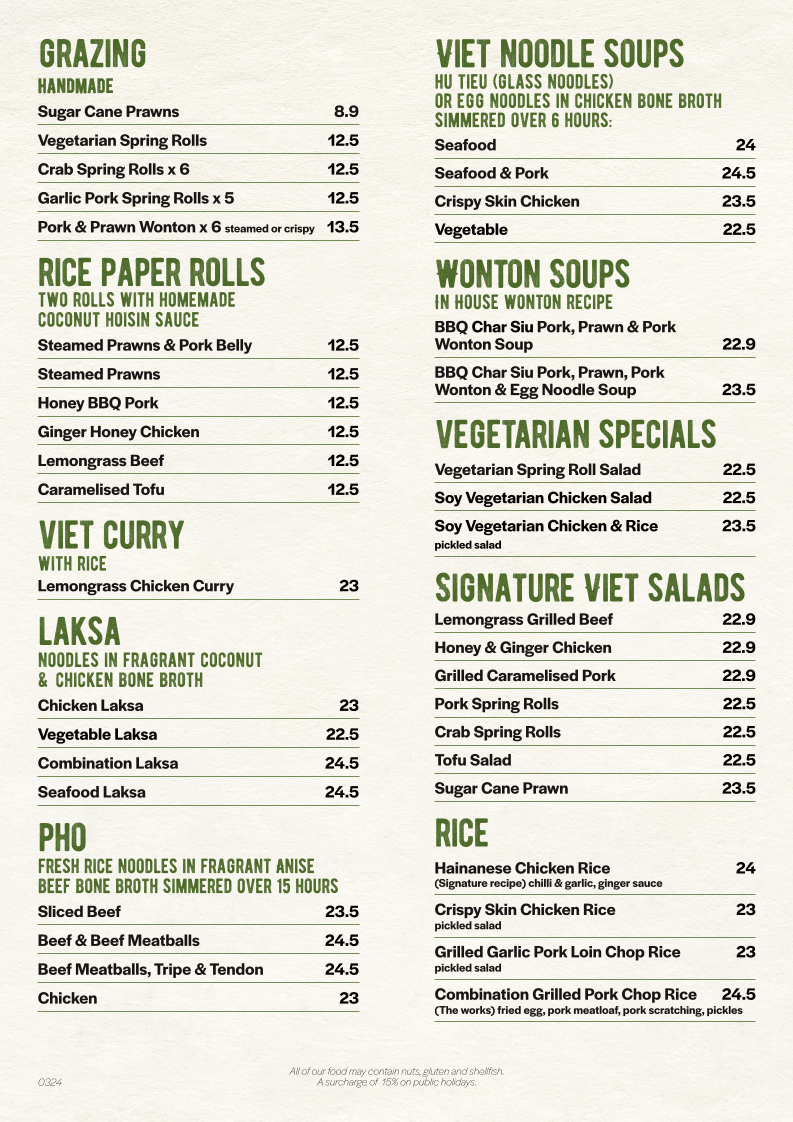 Menu, Phúc Deli-Viet Indooroopilly