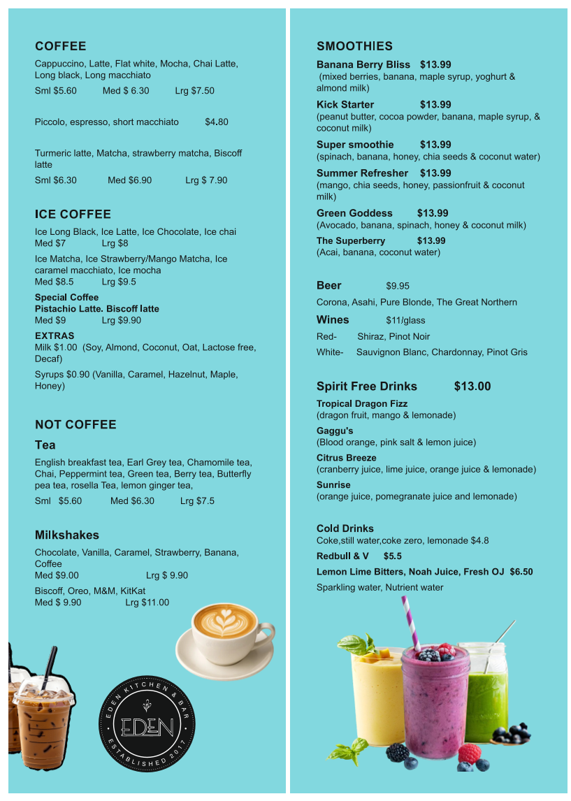 Menu, Eden Kitchen & Bar