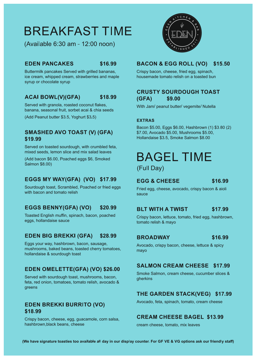 Menu, Eden Kitchen & Bar