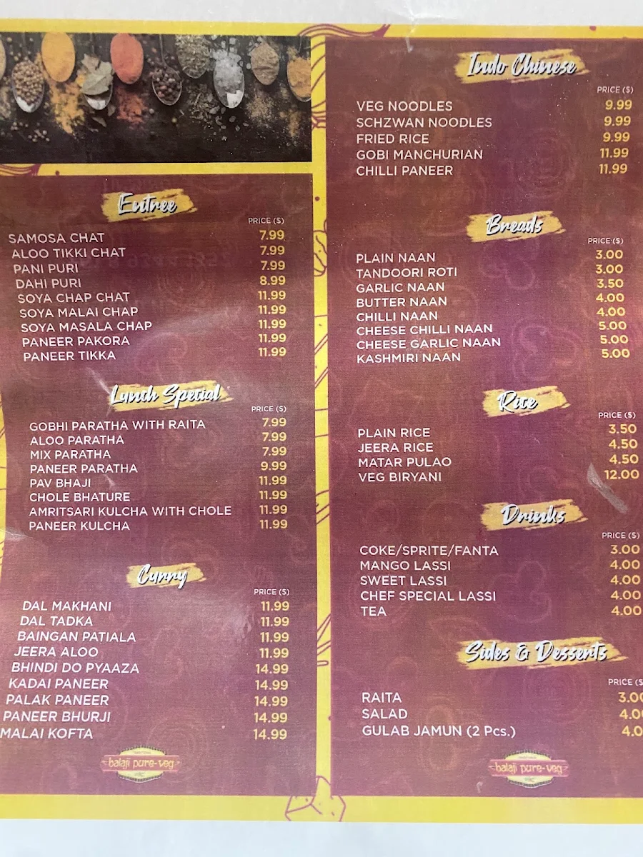 Menu, Balaji Pure Veg