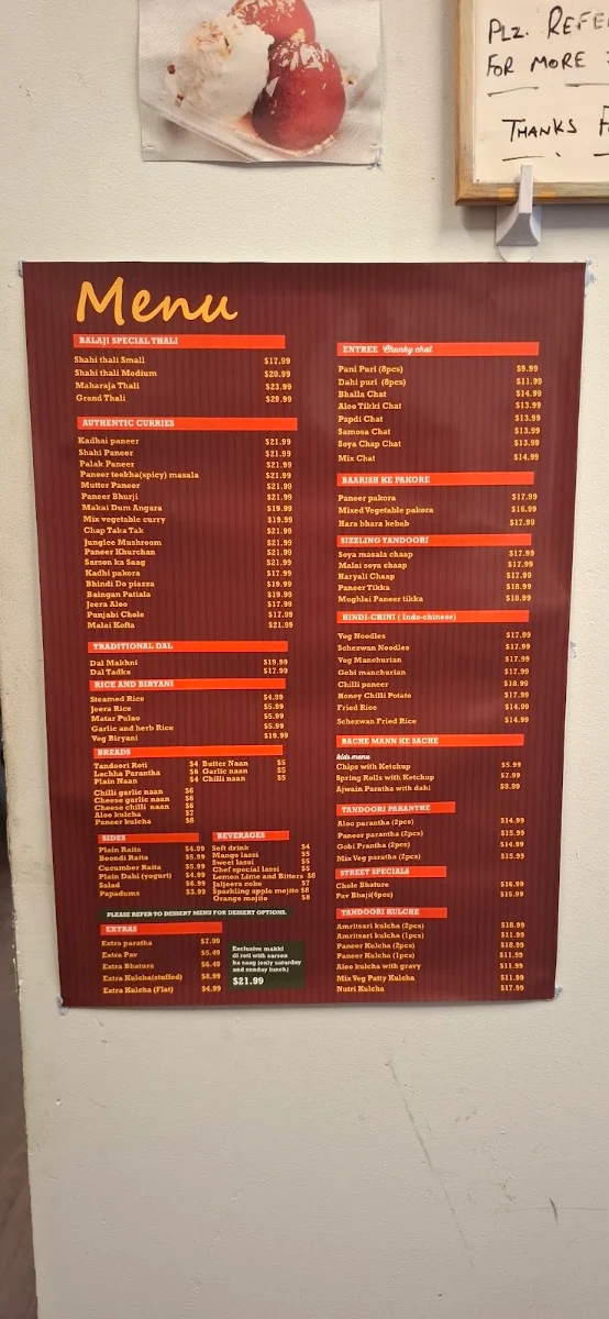 Menu, Balaji Pure Veg