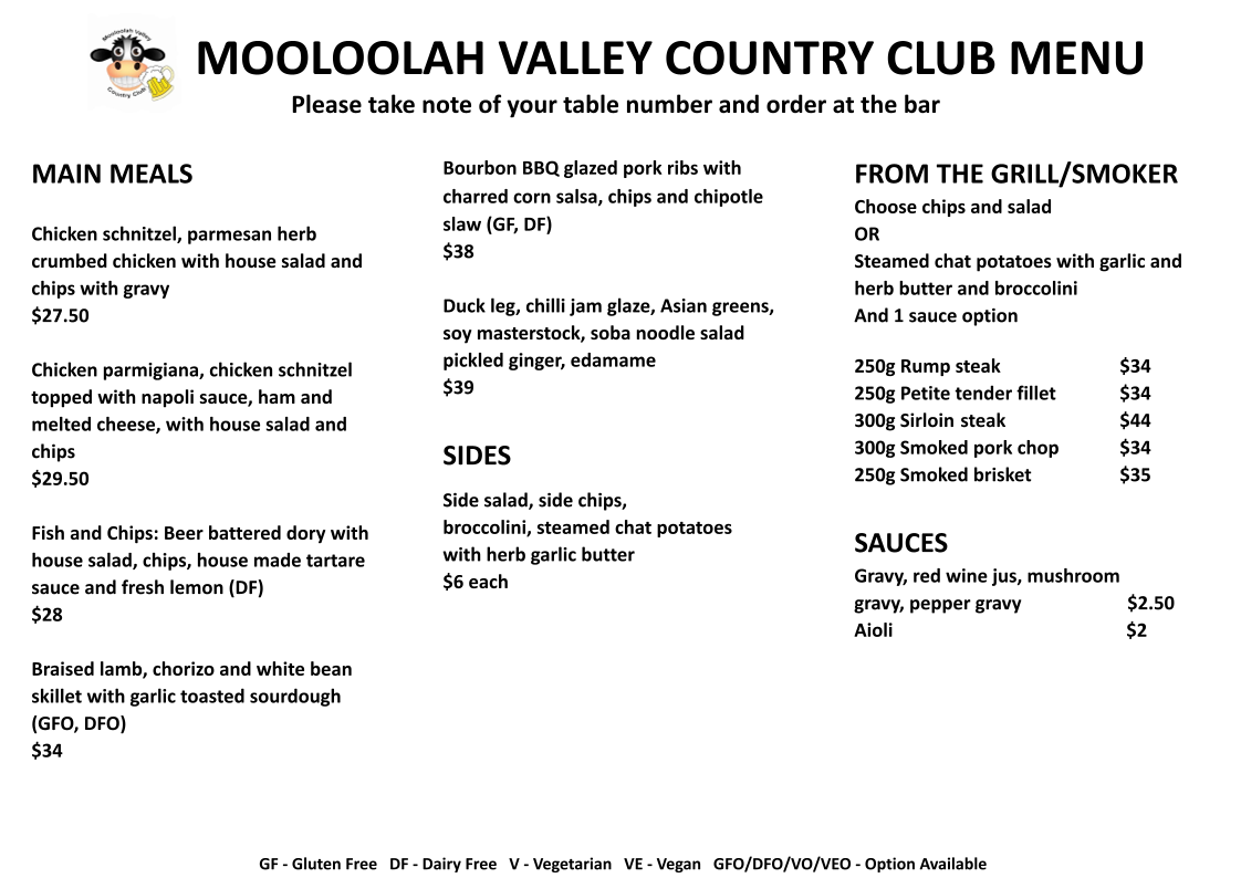 Menu, Mooloolah Valley Country Club