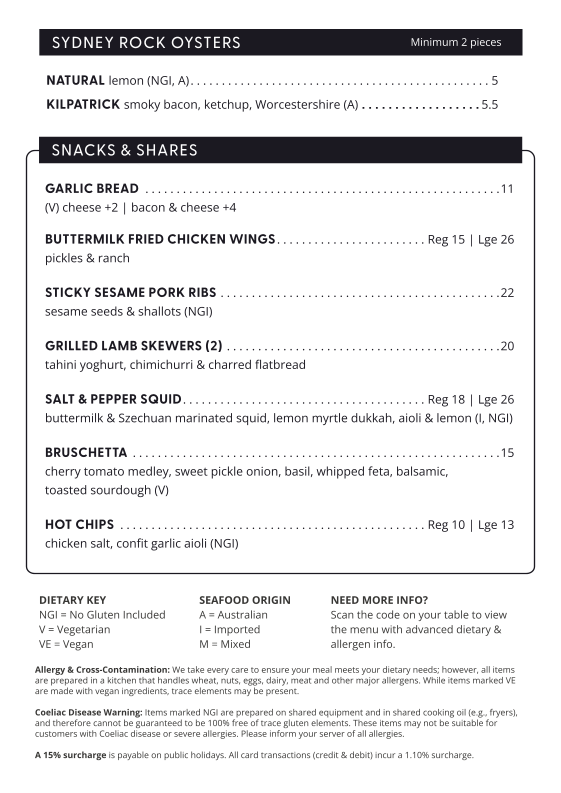 Menu, Lakes & Ocean Hotel