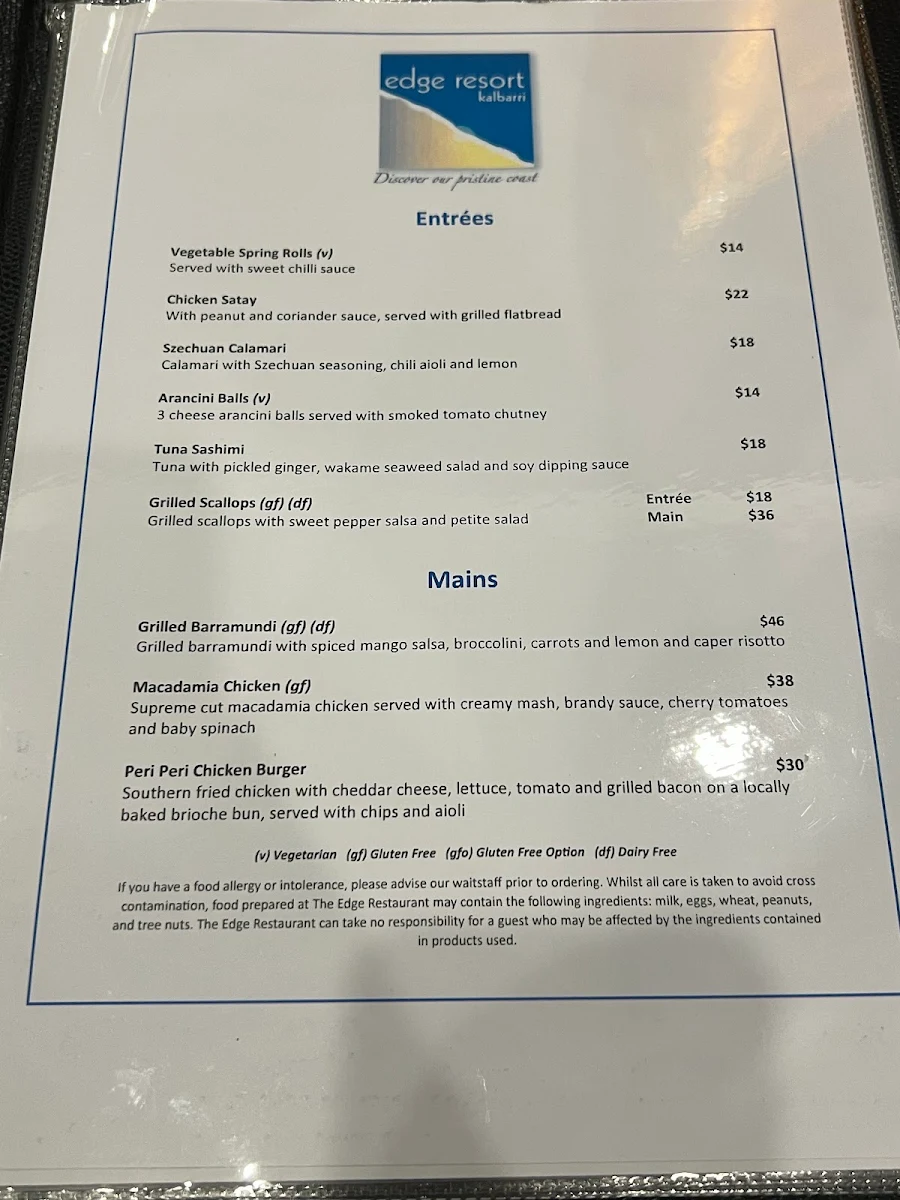 Menu, Kalbarri Edge Resort Restaurant