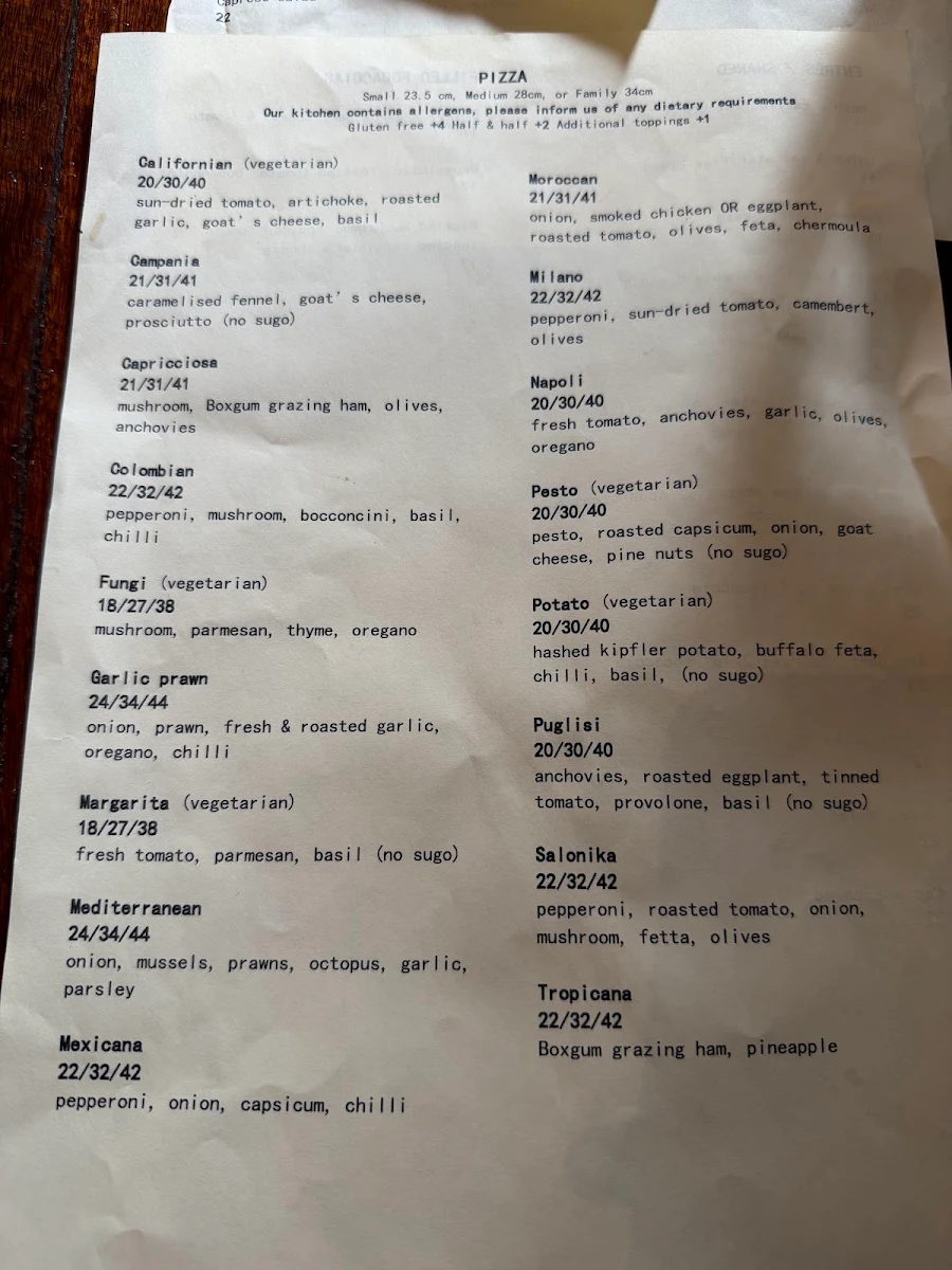 Menu, Cork Street Cafe