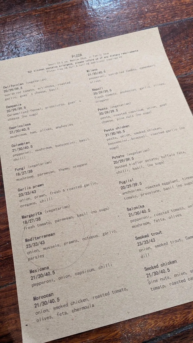 Menu, Cork Street Cafe