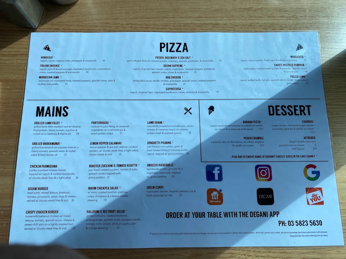 Menu, Degani Shepparton