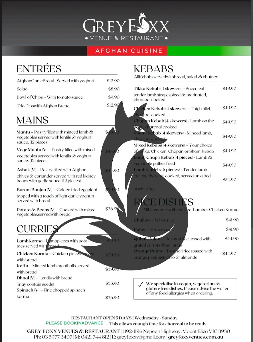 Menu, Greyfoxx Venues & Restaurant