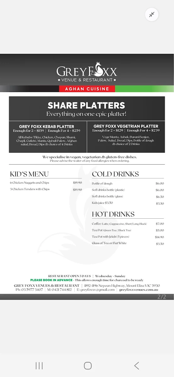 Menu, Greyfoxx Venues & Restaurant