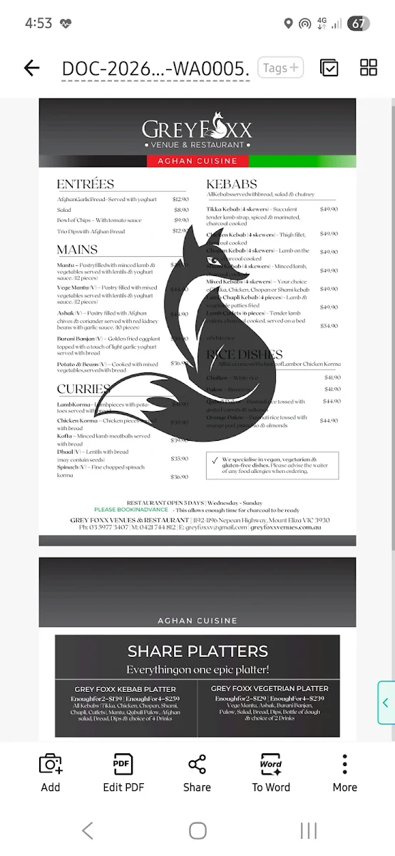 Menu, Greyfoxx Venues & Restaurant