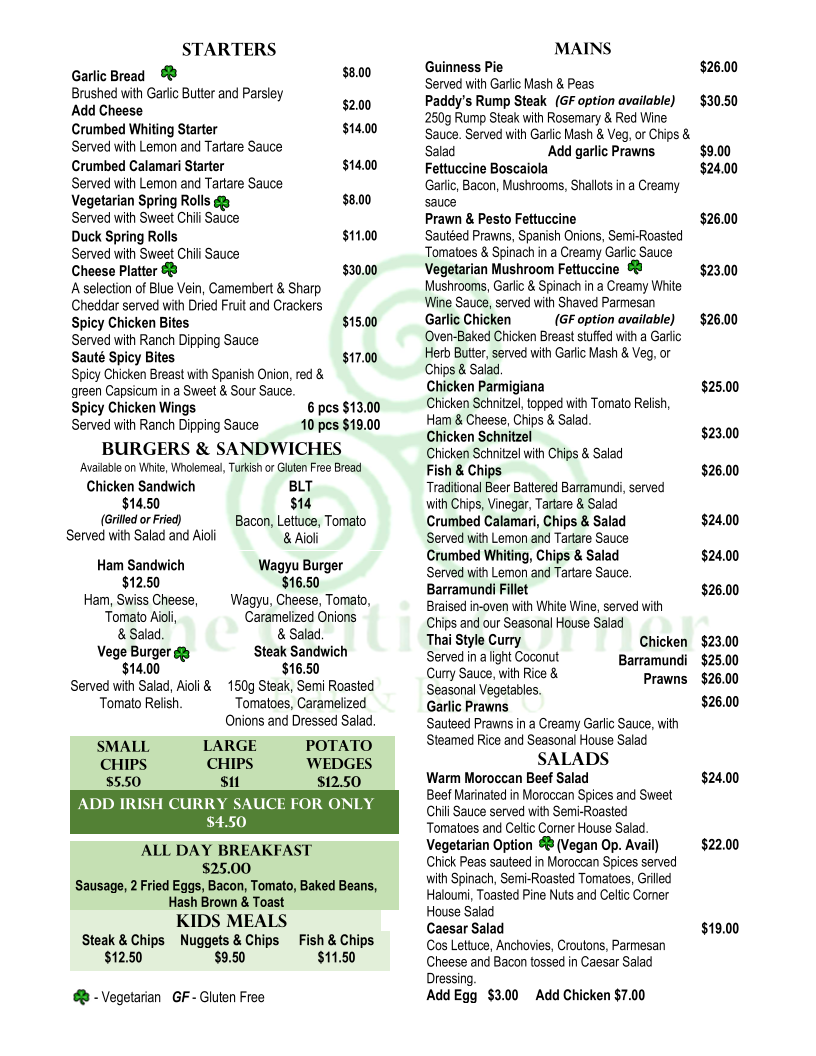 Menu, Celtic Corner Bar & Bistro