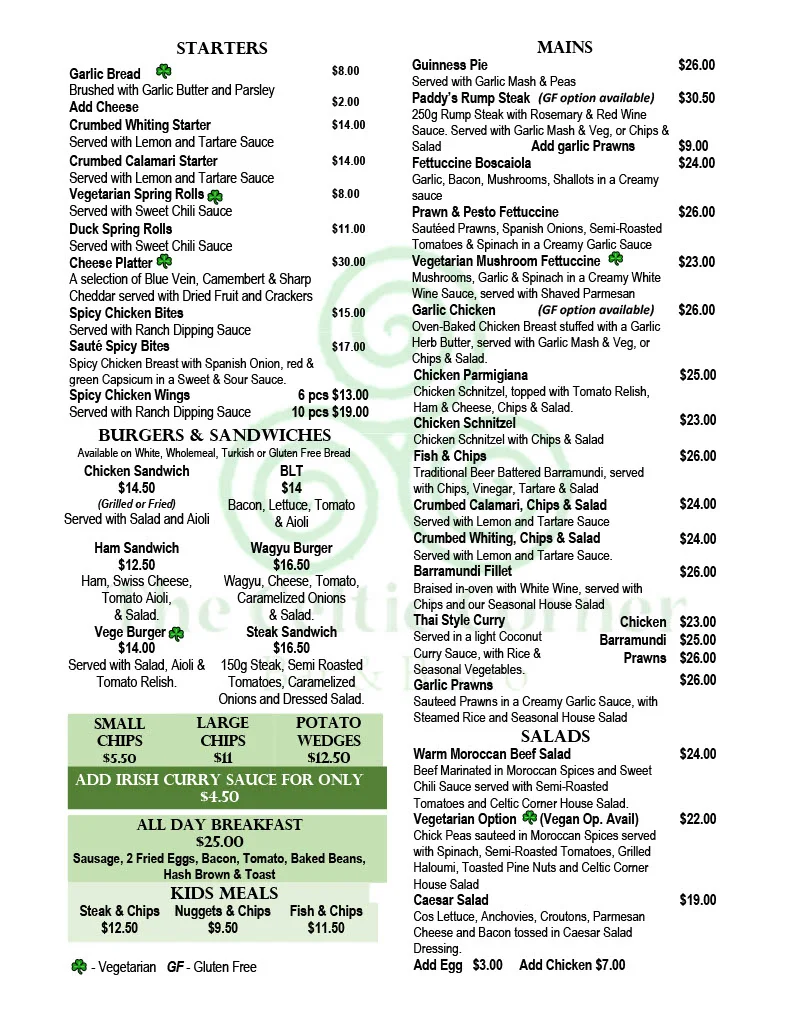Menu, Celtic Corner Bar & Bistro