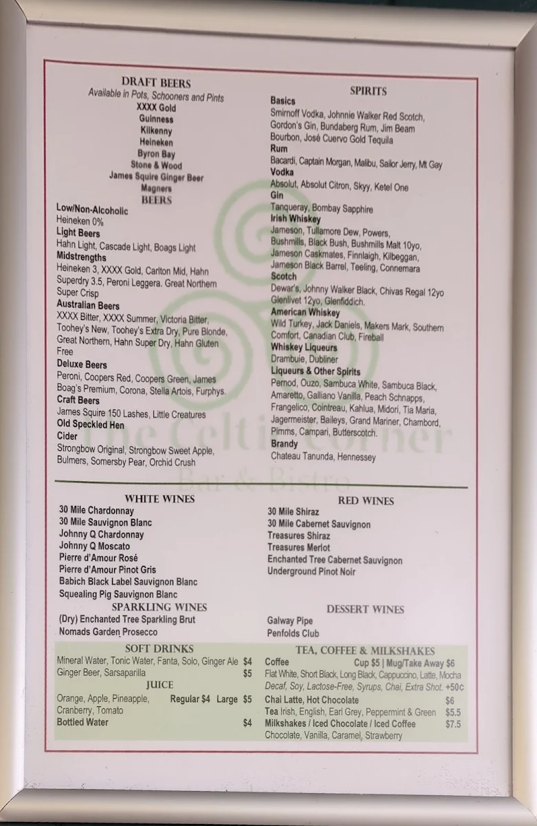 Menu, Celtic Corner Bar & Bistro