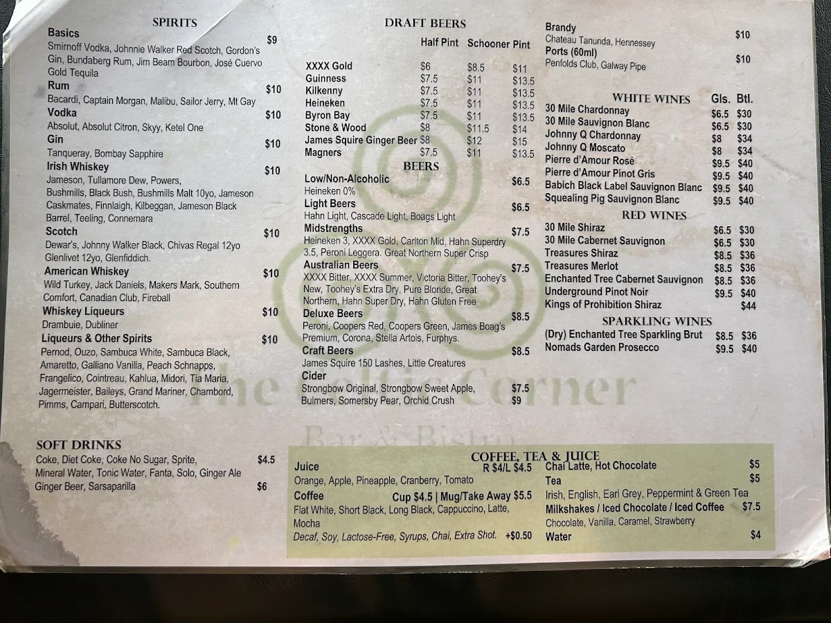 Menu, Celtic Corner Bar & Bistro