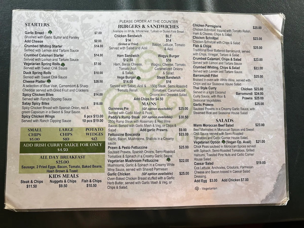 Menu, Celtic Corner Bar & Bistro