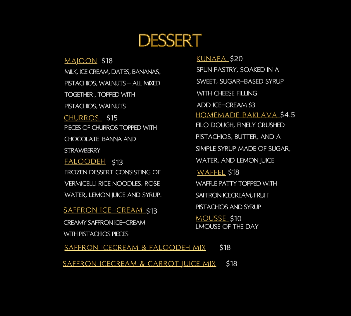 Menu, Luxus Lounge