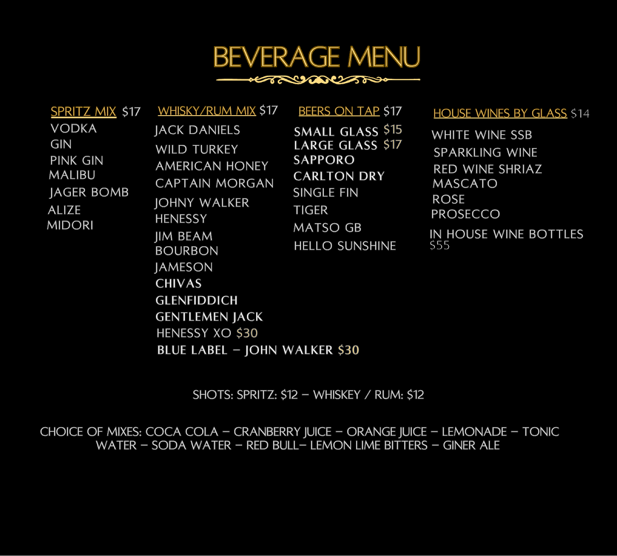 Menu, Luxus Lounge