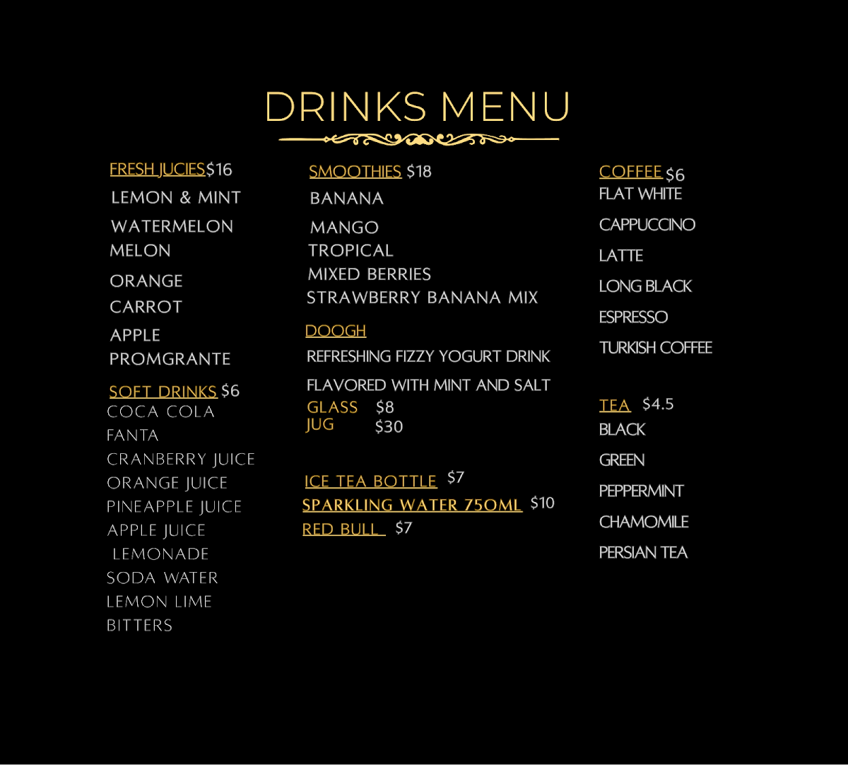 Menu, Luxus Lounge