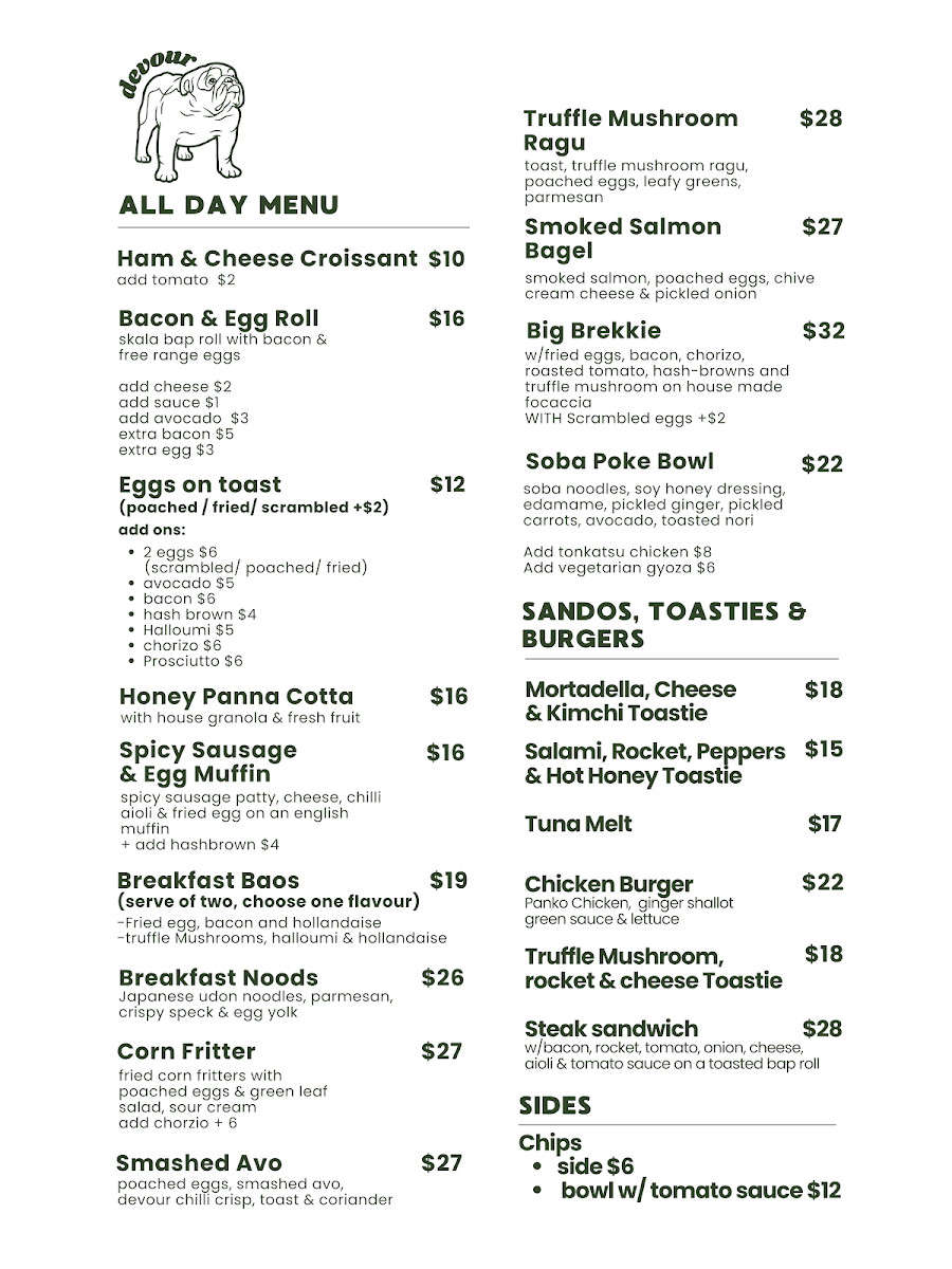 Menu, Devour Cafe Patisserie