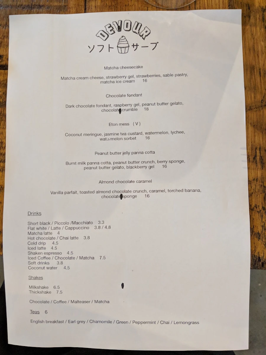 Menu, Devour Cafe Patisserie
