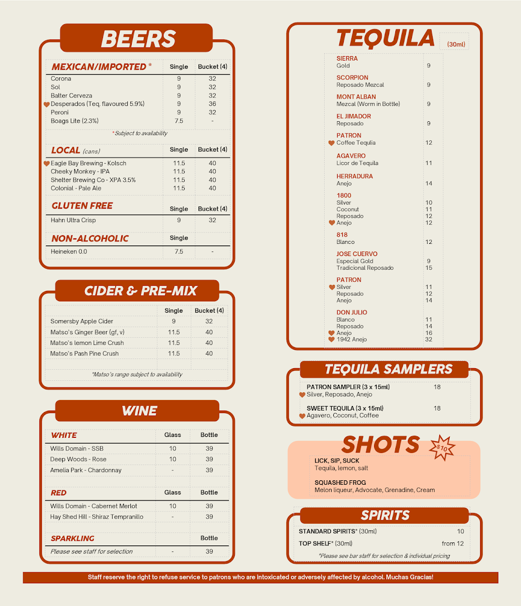 Menu, Pedro's Mexican