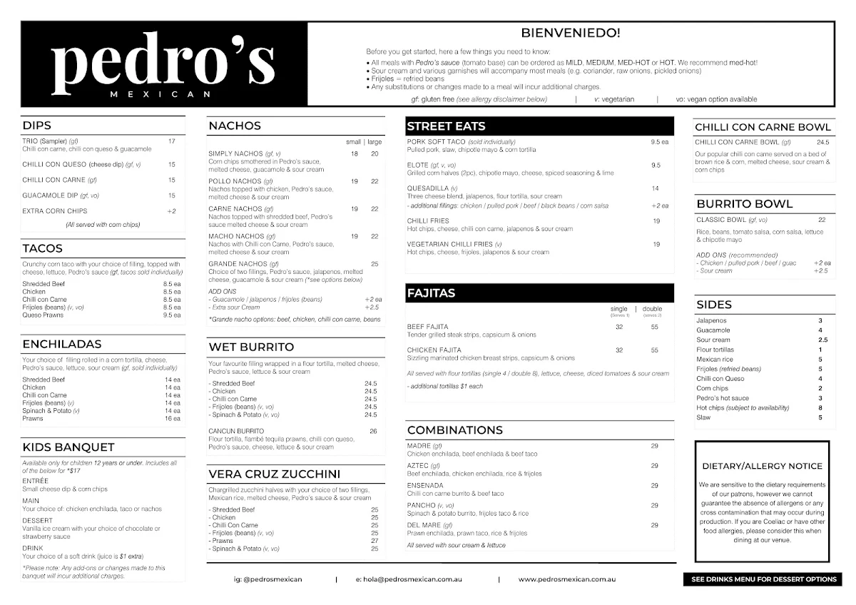 Menu, Pedro's Mexican