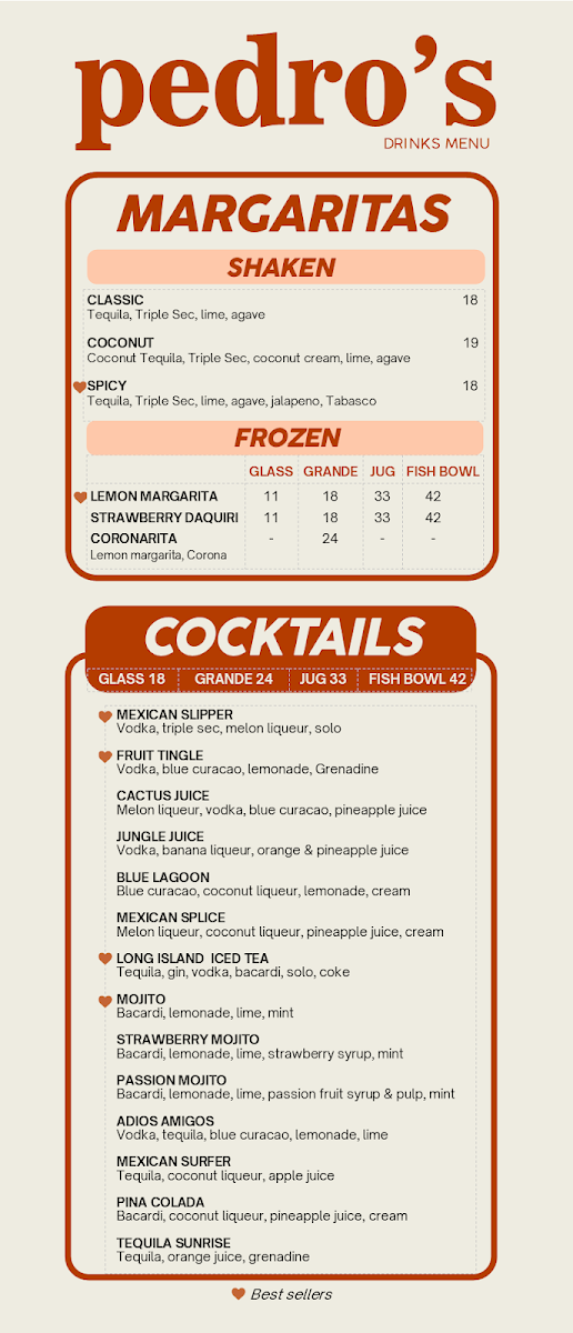 Menu, Pedro's Mexican