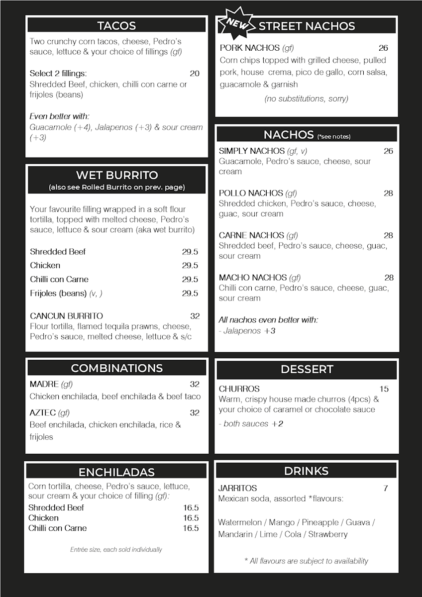 Menu, Pedro's Mexican