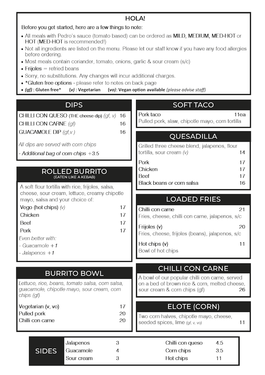 Menu, Pedro's Mexican
