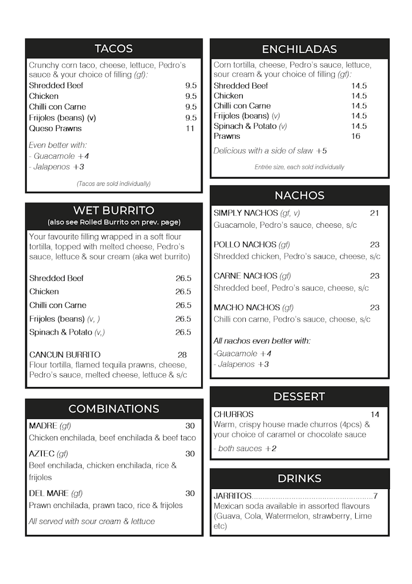 Menu, Pedro's Mexican